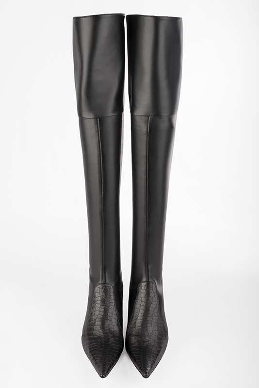 Satin black women's leather thigh-high boots. Pointed toe. Medium block heels. Made to measure. Top view - Florence KOOIJMAN